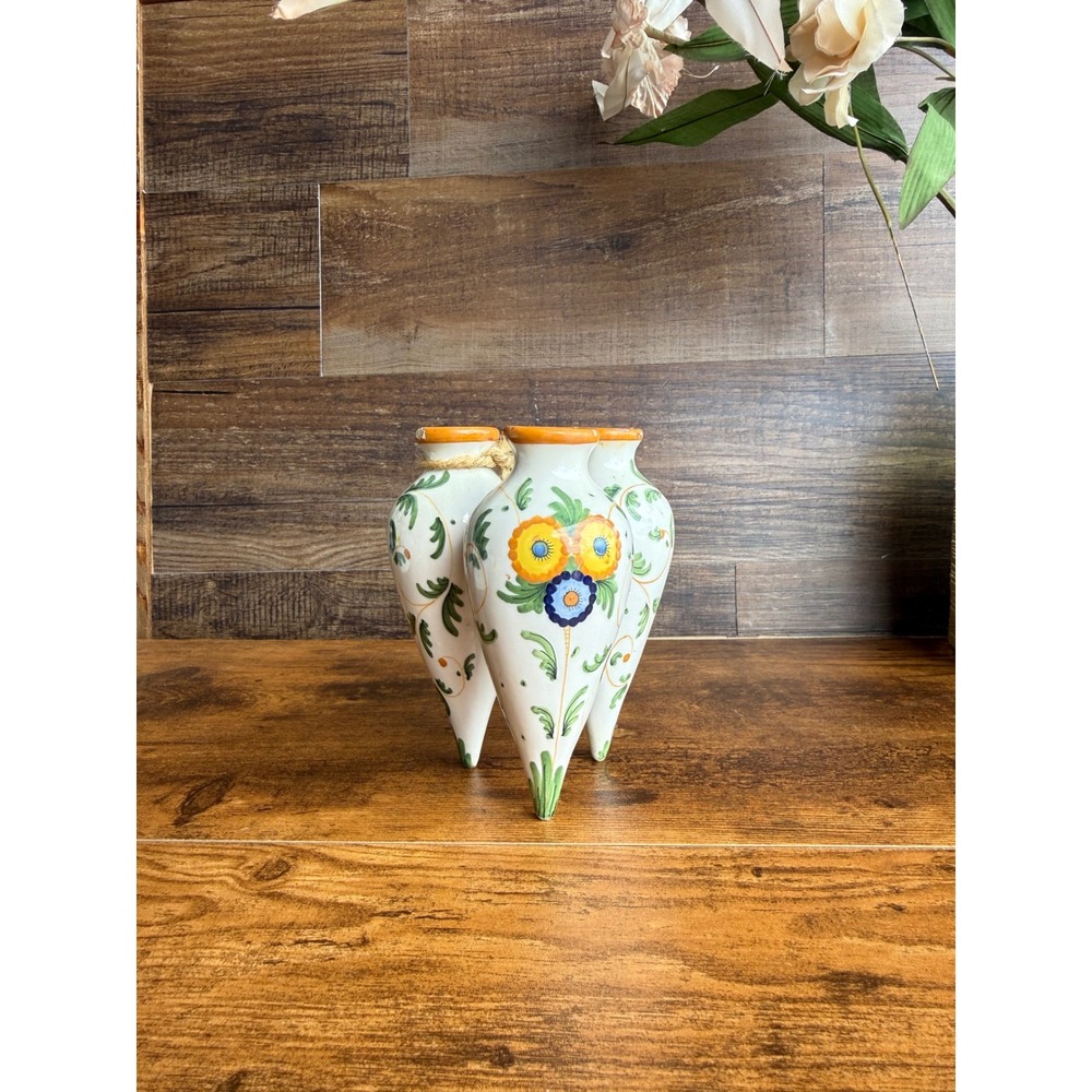 Vintage Italian Pottery Triple Bud Vase Hand Painted Floral Majolica Italy 1543